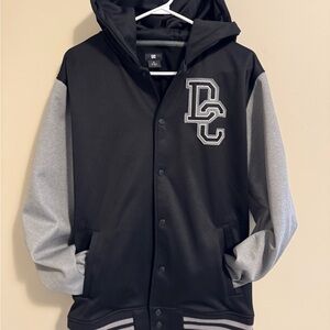 DC Varsity Black and Gray Hooded Jacket - Size Large